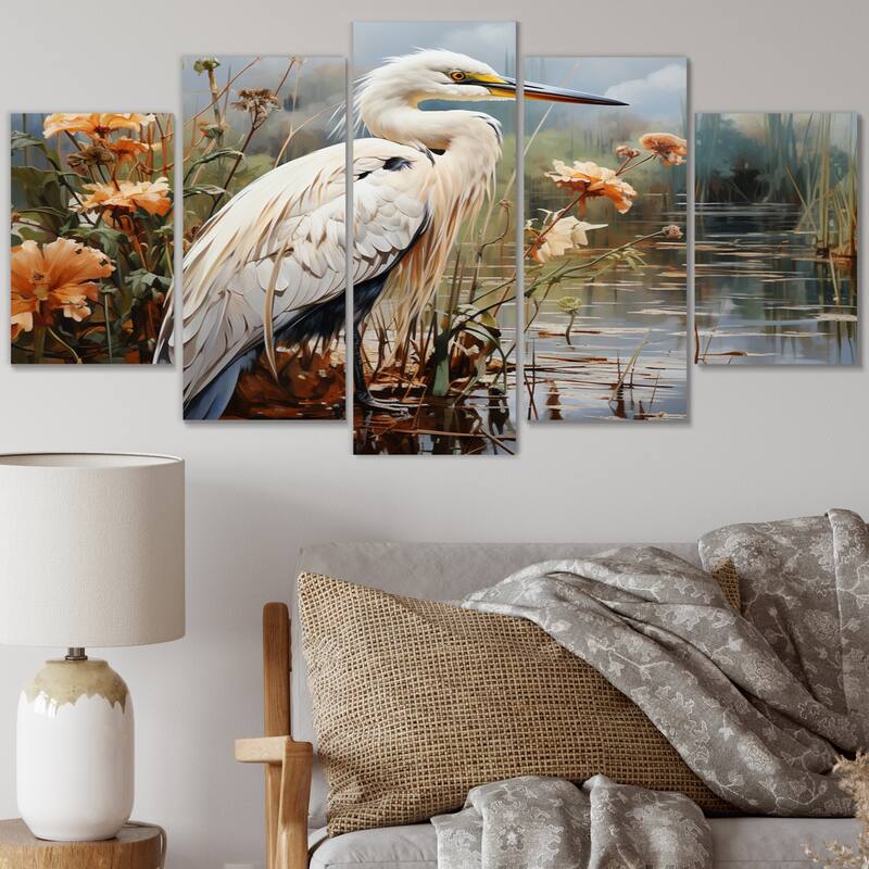 Designart "White Peach Heron Herons Haven" Animals Metal Art Print Set